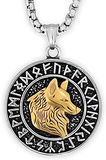 Haquil necklace with pendant in stainless steel gold plated gold with viking runes wolf fenrir skoll hati, viking jewelry gift for men.. DIAYTAR NIGERIA delivers affordability and convenience to your doorstep within 8 days of purchase.