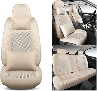 Limos Summer car seat cover in luxury leather PU leather, full set of breathable car seat covers adapted to 5 -seater vehicles with cushions (beige).. DIAYTAR NIGERIA: Connecting every Nigerian with quality products at prices everyone can afford.