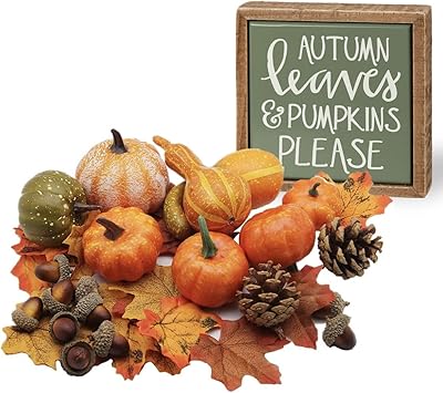 Primary autumn pumpkin decorations by small + mighty | Wooden box panel and 50 mini matching artificial pumpkins and maple leaves for autumn and harvesting, farm decoration for the kitchen of the house.. Discover a world of affordable shopping with DIAYTAR NIGERIA's vast marketplace delivered to you in days.