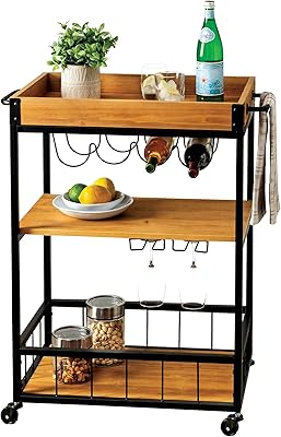 Wooden kitchen service cart at 3 Yatai levels with storage shelves, metal drinks, glass bottle support, lockable wheels and upper removable container.. Shop smarter with DIAYTAR Nigeria — affordable prices and a wide product range delivered in just 5 to 8 days.