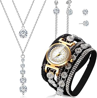 Watch and necklace set for women, 4 rooms, rolled bracelet, retro quartz watch, set of rhinestone earrings for women, 12, quartz, rhinestones.. Discover shopping reimagined with DIAYTAR NIGERIA's extensive catalog and 5-8 day delivery service.
