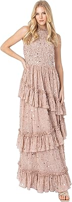 Long dress for women, decorated with ruffles, sleeveless, knotted on the back, for wedding guest, bridesmaid, end -of -year ball, evening dress.. Shop with confidence at DIAYTAR NIGERIA, enjoying competitive prices and delivery within 8 days.