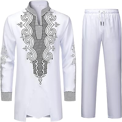 Ynd together two dashiki pieces for men, African clothes and pants, shirt with golden print, gold.. DIAYTAR NIGERIA transforms how Nigerians shop with our affordable prices and dependable shipping times.