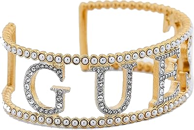 Golden stainless steel bracelet decorated with white crystals and guess logo for women, small, stainless steel, crystal.. DIAYTAR NIGERIA: Where every shopping need is fulfilled with affordable prices and nationwide shipping.