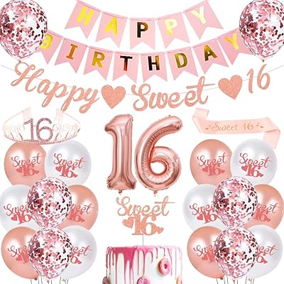 16th birthday decorations Beautiful 16 -piece birthday decorations for girls, belt crown in pink gold with 16 balloons, cake decorations for the 16th anniversary party.. DIAYTAR NIGERIA delivers value, variety, and convenience with our nationwide 5-8 day shipping.