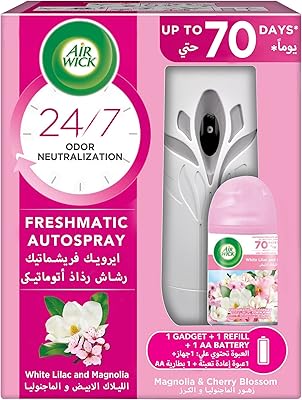Air Wick Freshmatic, Magnolia and cherry flowers automatic spraying set, eliminates chat litter smells, 250 ml.. DIAYTAR NIGERIA: Connecting Nigerians with affordable products through our expansive e-commerce platform.
