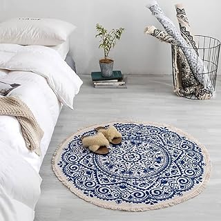 Scandinavian round cotton and hand -handed linen carpet with pompoms, bohemian design for yoga, sofa, living room, bedroom, bathroom, interior decoration 90 cm in diameter.. DIAYTAR NIGERIA: Nigeria's answer to affordable online shopping with reliable 5-8 day delivery guarantee.