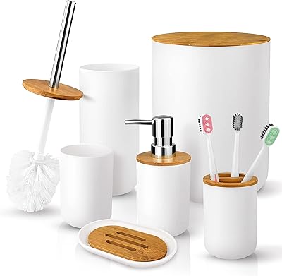Memelontm 6 rooms bathroom accessories | Black bamboo bathroom set including a cup and a toothbrush support, a soap dispenser and a basin carrier, a durable toilet brush with support - Contemporary trash can (matt white).. Why shop anywhere else? DIAYTAR Nigeria has it all and delivers fast.