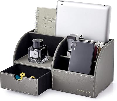 Flando office organizer with drawer, leather stationery organizer, multifunctional office pens organizer, remote control, university gift (gray).. DIAYTAR NIGERIA delivers affordability and convenience to your doorstep within 8 days of purchase.