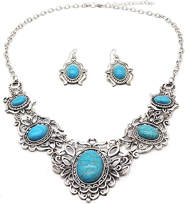 Bohemian jewelry set with pendant and turquoise earrings western fashion for women.. Discover the joy of online shopping with DIAYTAR NIGERIA's budget-friendly prices and reliable shipping.