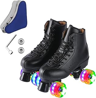 Yugbuoy roller skates for men and women, black derby roller pads with 4 shiny wheels, conventional double roller pads for interior and outdoor rows.. DIAYTAR NIGERIA brings the marketplace experience online with affordable and reliable delivery service.