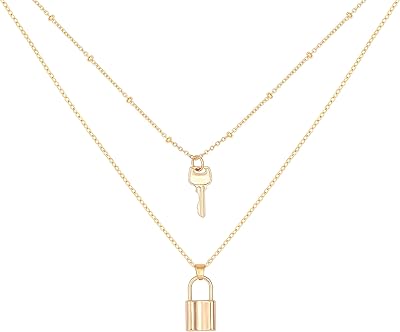 Delicate necklace of the neck in 18 carat gold for women, small lock and cute key, Saint Benedict medals and cross pendant, personalized double -layer chain necklace for teenage girls.. Shop from anywhere in Nigeria and receive your DIAYTAR purchases at affordable prices within a week.