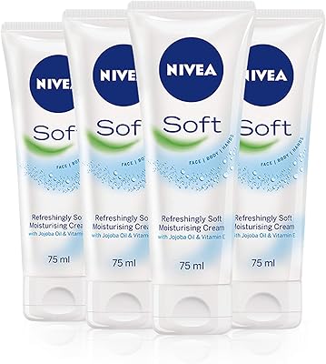 Nivea Soft Tube (75 ml) Set of 4 moisturizer face body and hands.. Shop with purpose at DIAYTAR NIGERIA and receive quality products at budget rates within 8 days.