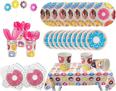 Party supplies on the theme of donuts including plates cups covered towels and tablecloths.. DIAYTAR Nigeria brings you closer to everything you need — fast delivery, low costs, and variety.