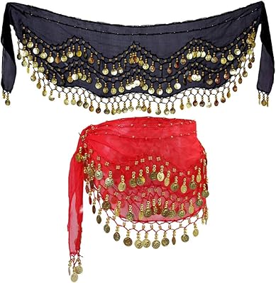 Stomach dance scarf with 128 pieces of shiny golden sequins, black and red, 2 rooms for women, multicolored, one size.. Shop with confidence at DIAYTAR NIGERIA, offering extensive product variety with nationwide delivery.
