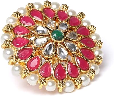 Zaveri Pearls woman ring, traditional, with pink and green stones and metal flowers based on pearls, ZPFK9544.. Shop with confidence at DIAYTAR NIGERIA, Nigeria's premier affordable e-commerce platform.