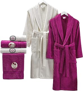 My vita luxury bathrobe in Turkish cotton velvet for couples and family, 6 pieces, wedding and prenuptial party gift box with bath towels and hand wipers, delivered in a nice gift box (broken white fuchsia).. DIAYTAR NIGERIA brings the market to your fingertips with affordable prices and swift delivery services.