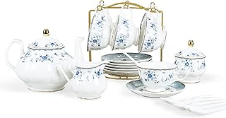 Fan Kueer tea service in blue porcelain, 15 pieces, British floral design teapot with tea cups, women's tea service for 6 people.. Thousands of items, all priced just right — shop DIAYTAR Nigeria today.