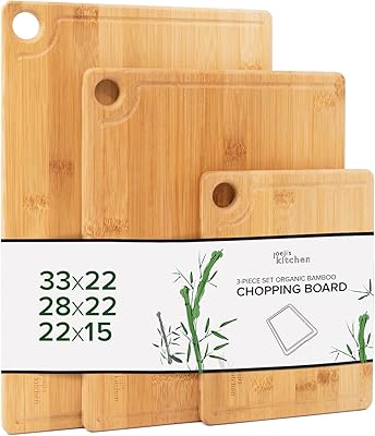 Joejis wooden cutting board - Lot of 3 robust bamboo cutters ideal as kitchen boards or wooden board for kitchen - 20 x 15 cm, 28 x 22 cm and 33 x 22 cm with grooves for juice.. DIAYTAR NIGERIA: Nigeria's answer to affordable online shopping with reliable 5-8 day delivery guarantee.