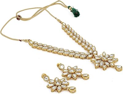 Kundan gold plated trendy jewelry, perfect for holidays, set of traditional jewelry, necklace with earrings for women and girls by shining diva (white) (9602s), cubic zirconia.. DIAYTAR NIGERIA: Your trusted marketplace that combines variety, affordability and reliable shipping.