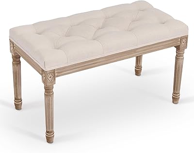 Classic French stool vonlos with quilted seat and hevea wooden feet, entrance bench and padded dining room, headboard in padded fabric for bedroom, living room, plus corridor, beige beige.. Your everyday shopping destination, DIAYTAR NIGERIA offers unbeatable value with quick delivery times.