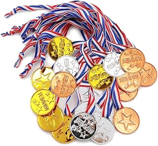 18 plastic gold medal in children's plastic, winner medal on ribbon necklaces, for the sports day of children, party games, talent show, spelling bee, gymnastics, rewards.. Shop with confidence at DIAYTAR NIGERIA, Nigeria's premier affordable e-commerce platform.