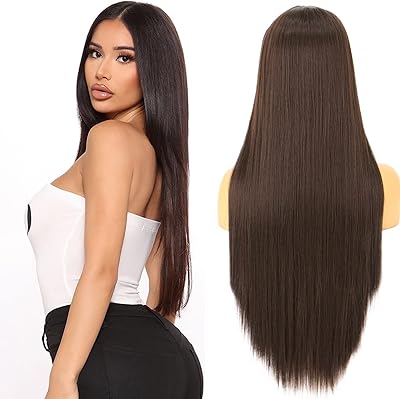 Dark brown wig for women 28 inches long brown hair wig and steep central part central wig synthetic fiber resistant to birth of hair natural aspect daily celebration.. DIAYTAR NIGERIA brings the market to your fingertips with affordable prices and swift delivery services.