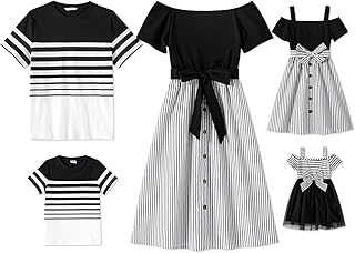 Long stripe dress set and short sleeve t-shirt for the whole family.. Experience the convenience of one-stop shopping with DIAYTAR NIGERIA's diverse and affordable marketplace.