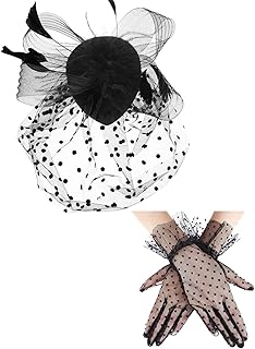 Vintage bibi hat from the 1950s, festive hat in false feather mesh with sail and short lace gloves, fashion accessories for girls and women for wedding festival (black).. DIAYTAR NIGERIA: Where affordability meets variety, with thousands of products delivered in less than 8 days.