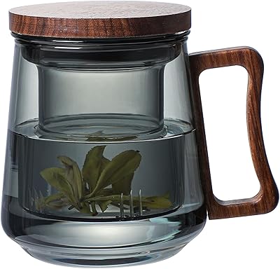 Borosilicate glass cup with infuser, walnut cover and handle for flowery tea, bulk tea, coffee, fruit tea, oolong tea, rose tea, 500 ml, smoked gray.. DIAYTAR NIGERIA: Nigeria's answer to affordable online shopping with reliable 5-8 day delivery guarantee.