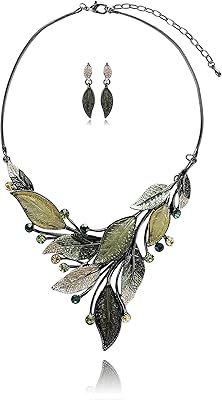 Set of vintage jewelry - Spring flower, leaf, floral plant, necklace, earrings, crystal rhinestones, trendy jewelry for women, diploma delivery party, unique gift.. DIAYTAR NIGERIA: Your trusted marketplace that combines variety, affordability and reliable shipping.