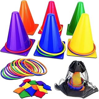 Combined set of outdoor games 3 in 1 for children, 26 Coolchic pieces, Outdoor lawn game, flexible plastic cones, rings launch game, birthday party/carnival gift indoors or outdoors, large 23 cm cone.. DIAYTAR NIGERIA: Where quality meets accessibility with affordable prices and prompt shipping.