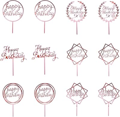 12 pieces of Decoration of Birthday Cake in golden acrylic for birthday party desserts, 6 styles (rose gold).. DIAYTAR NIGERIA: Where every shopping need is fulfilled with affordable prices and nationwide shipping.