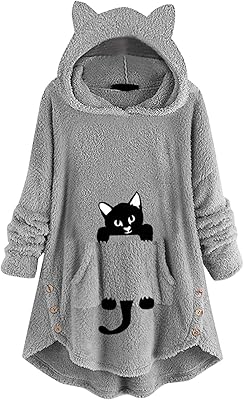 Long sleeve hoodie with cat ears for women, nice fleece print with buttoned pocket, fine blouse round neck for women.. Easy checkout, quick delivery — shop now on DIAYTAR Nigeria.
