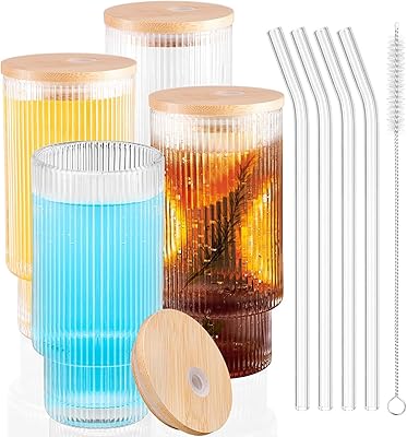 U-Home ribbed glass drinking cups with lids and straws Lot of 4.. Experience retail therapy without the financial stress at DIAYTAR NIGERIA's affordable e-commerce platform.