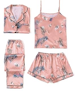 4 -piece female pajamas in silk satin with thin straps and buttons at the bottom.. Discover the convenience of DIAYTAR NIGERIA's vast product range delivered affordably in 5-8 days.
