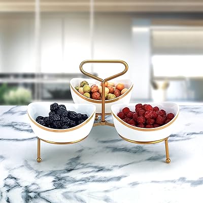 Bonchina Set of shallow service bowls for chips and sauce with golden support and label, service tray to present foods, aperitifs and desserts, party service plates, gold and white, 3 rooms, size 5.25 inches, dy2028-DG.. Embrace a new era of online shopping with DIAYTAR NIGERIA's extensive range and budget-friendly prices.