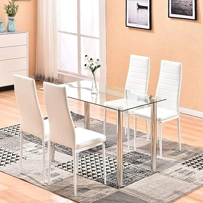 Dining table with chairs, 4homart 5 pieces set of glass kitchen table with modern tempered glass tray and PU leather chairs with 4 white dining room furniture chairs.. DIAYTAR NIGERIA: Where online shopping becomes effortless with budget-friendly nationwide delivery.