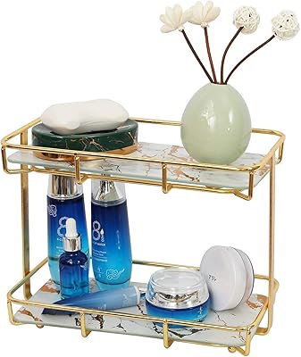 Bathroom organizer at 2 Goronb levels, counter storage support with removable marble glass tray, storage support for gilded cosmetics (golden white).. DIAYTAR NIGERIA: Where every shopping need is met with affordable prices and timely delivery.