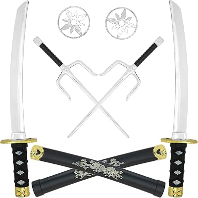 Set of skillful ninja weapons - set of warrior weapons costumes with Katana swords, Sai and Stars Shuriken stabbings - 6 pieces.. DIAYTAR NIGERIA brings the market to your screen with thousands of affordable products delivered to your door.