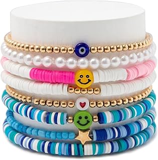 Heishi Surfer Set of 8 stackable polymer clay bracelets for women with elastic bunk rubber disc, bohemian friendship bracelets, summer beach jewelry for women and girls.. DIAYTAR NIGERIA: Revolutionizing how Nigerians shop with affordable prices and prompt delivery services.