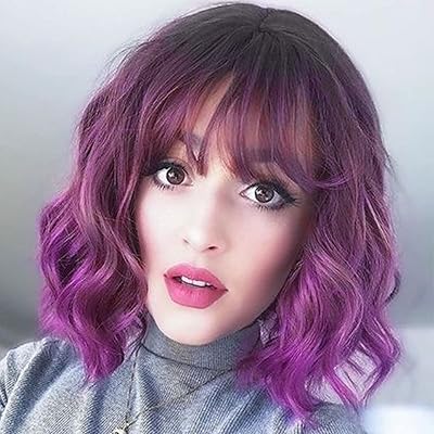 Short wig Wave violet with dark roots with dark roots purple wig with dark roots, curly corketing wig of natural appearance for cosplay and party.. DIAYTAR NIGERIA: Where shopping dreams come true with budget-friendly prices and nationwide shipping.