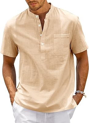 Linen shirt for men Enjoy Bay - Henley - Short summer sleeves. casual short t-shirt.. DIAYTAR Nigeria: Shopping that fits your budget and your schedule.