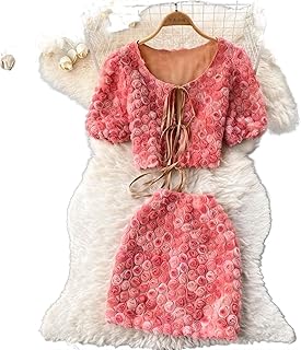 Fedima Hauts in knitting for women, summer set with 3D flowers for women, mini short -sleeved top + short high waist skirt, set two street rooms (size: l).. DIAYTAR NIGERIA: Bringing quality products to every Nigerian home at prices everyone can afford.