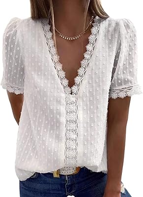 Crochet lace shirts with short sleeves and V -collar for women, elegant blouses in silk, white, L Mousseline, L.. DIAYTAR NIGERIA: Empowering Nigerians with access to affordable products delivered within 8 days.