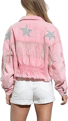 Short denim jacket with pampilles with Schunger rhinestones for women, jeans jacket with stars print with pampilles hem.. DIAYTAR Nigeria brings you closer to everything you need — fast delivery, low costs, and variety.