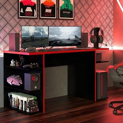 Madisa computer game and computer table with 5 shelves and cable management, wood, 136 L x 75 h x 60 p - Black/Red.. DIAYTAR NIGERIA: Where shopping meets satisfaction with affordable prices and delivery within 8 days.