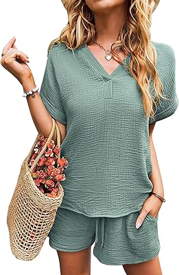 Set of two -room cotton and linen clothes for women, V -neck, short sleeves, shirt and shorts with pockets.. From checkout to your doorstep in less than a week — DIAYTAR Nigeria.