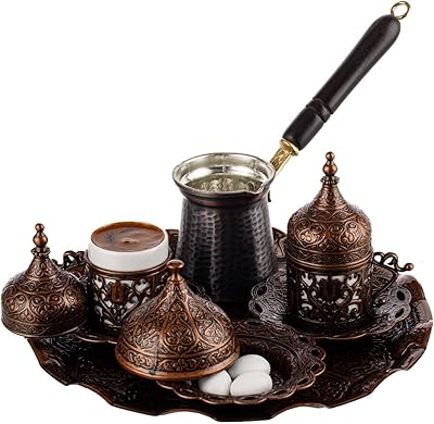Demex Full Turkish Turkish Coffee Service Arabic 2023 with cups, saucers, lids, sugar tray and copper coffee maker, 12 pieces.. Get access to thousands of affordable products only on DIAYTAR Nigeria.