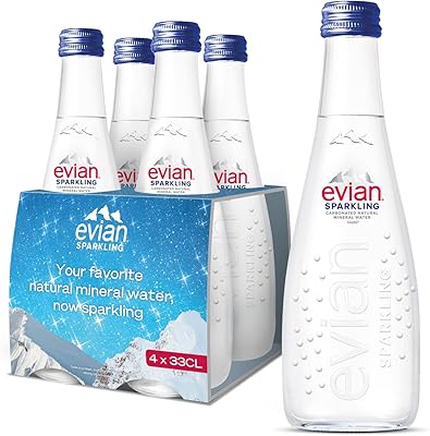 Natural sparkling Evian mineral water, glass bottle, 330 ml, pack of 4.. One platform, endless products — welcome to DIAYTAR Nigeria.